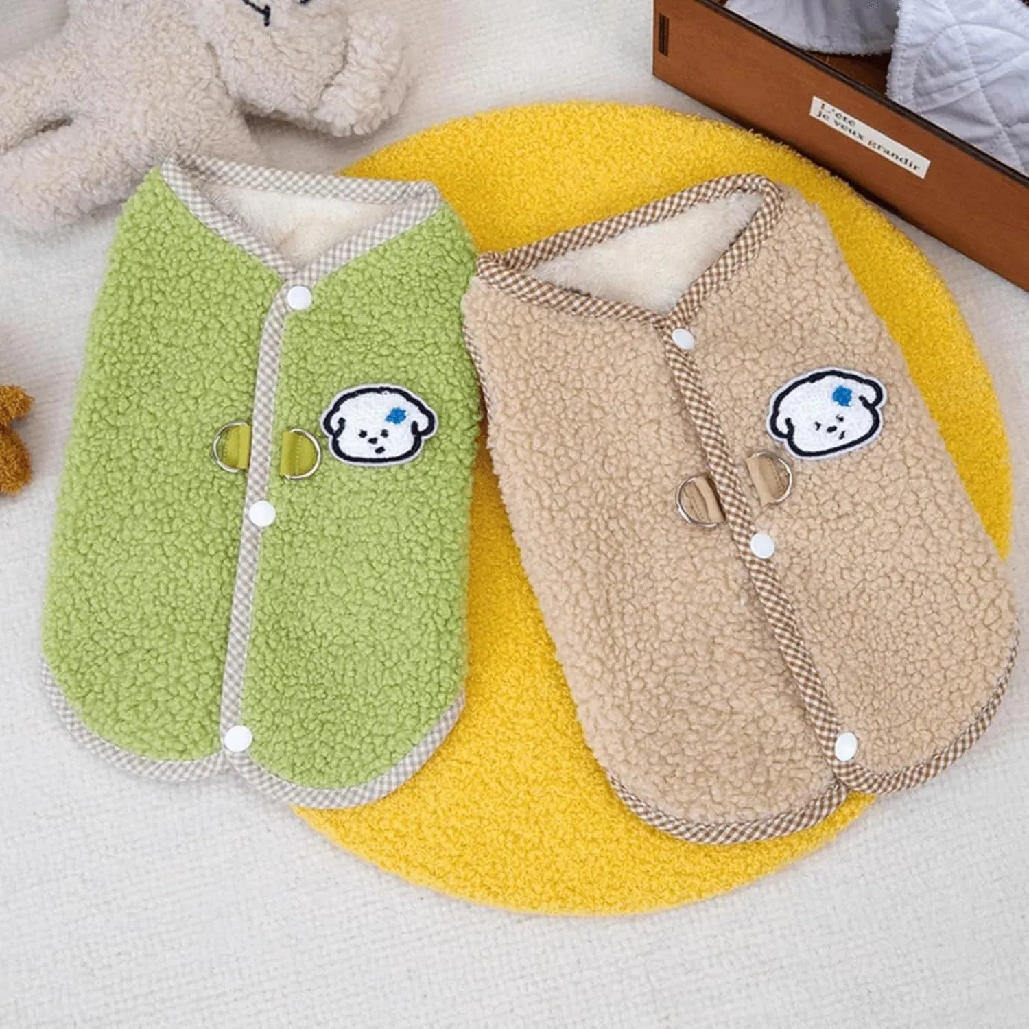 Green coral fleece dog vest with leash ring for small pets in autumn and winter