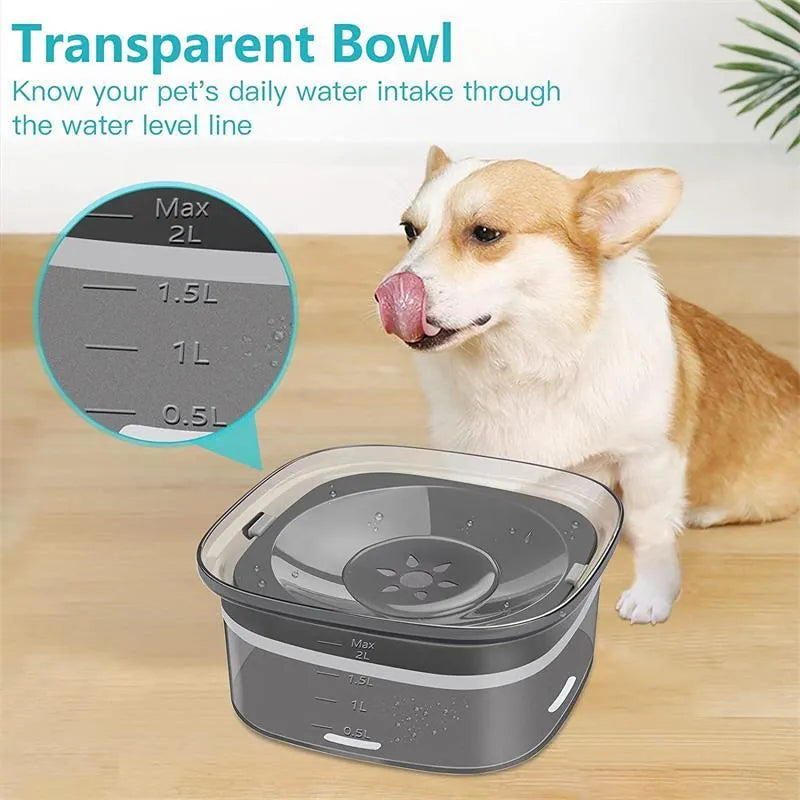 Clear plastic dog water bowl showing water level, with a white floating disc inside on a non-slip base.