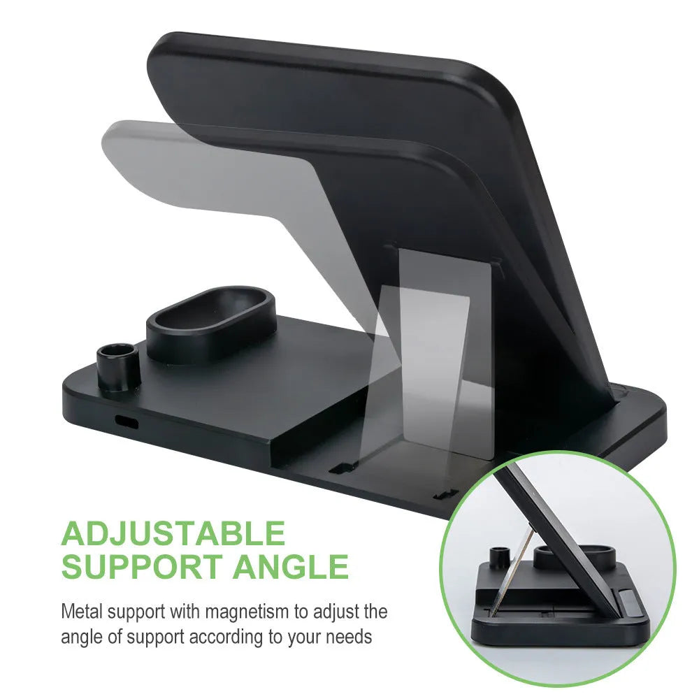 Folding 4-in-1 wireless charger in black, showing vertical stand and charging pads for Apple devices