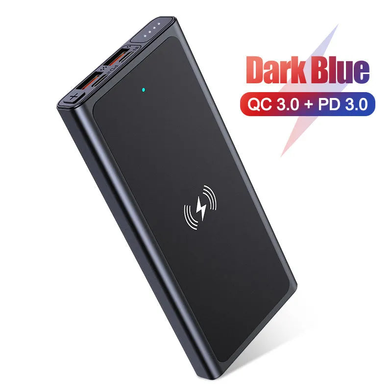 Black and blue alloy-cased portable power bank with wireless charging surface and 10000mAh capacity
