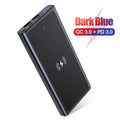 Black and blue alloy-cased portable power bank with wireless charging surface and 10000mAh capacity