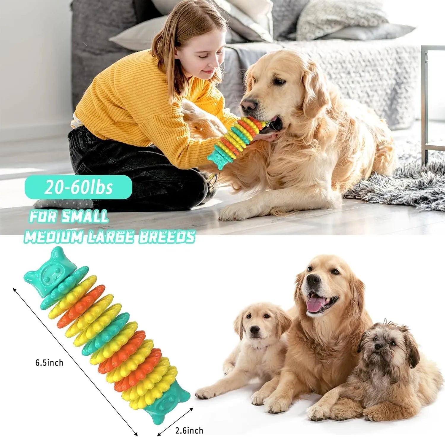 Blue rubber caterpillar dog chew toy for aggressive chewers, 17cm long, on a white background