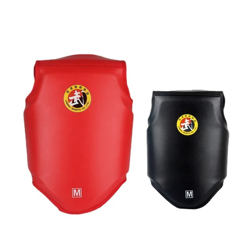 Red boxing helmet and matching one-piece chest protector set for training sparring.