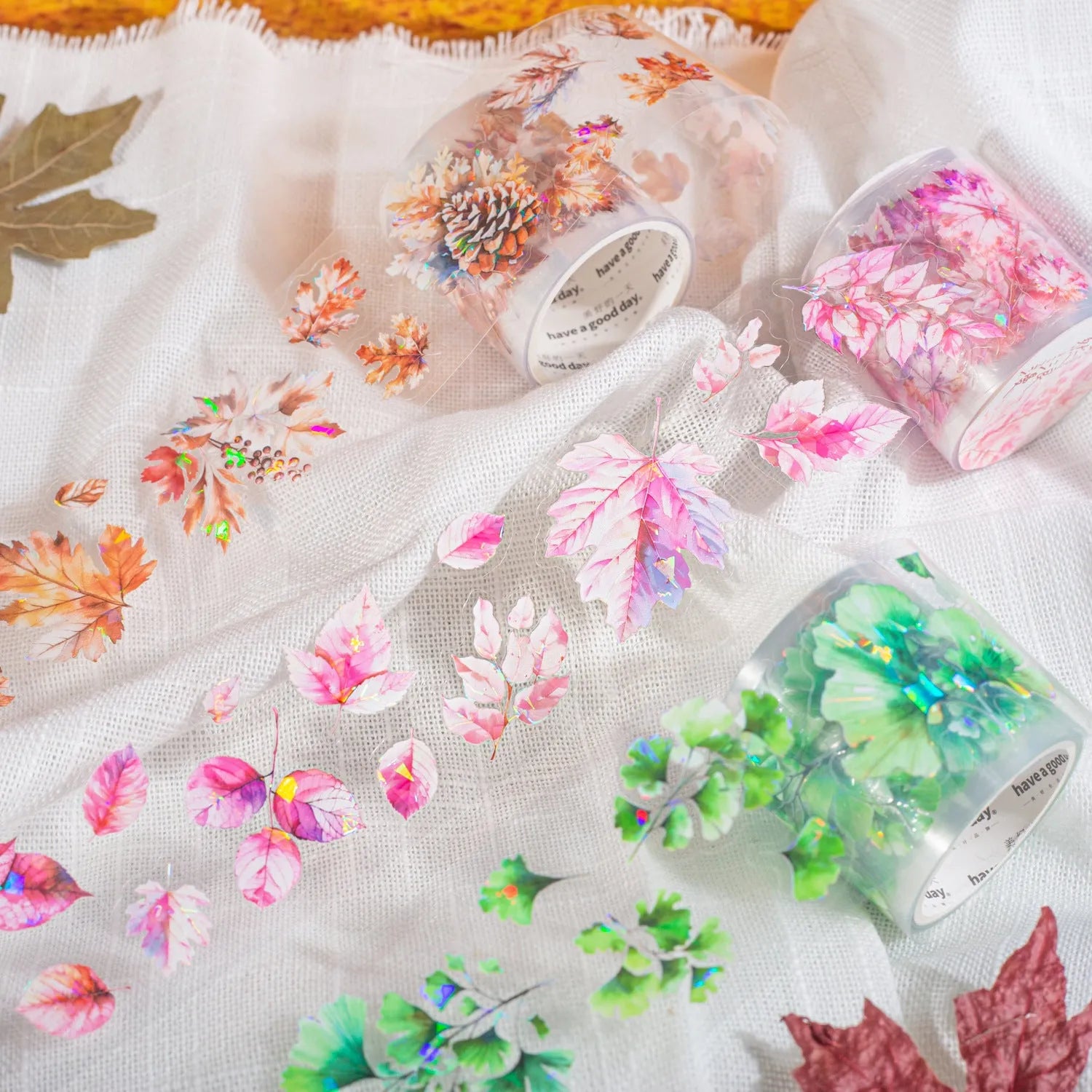 Deciduous Poetry DIY decorative stickers roll showing six nature designs including ginkgo leaves and maple leaves on 40mm wide PET material