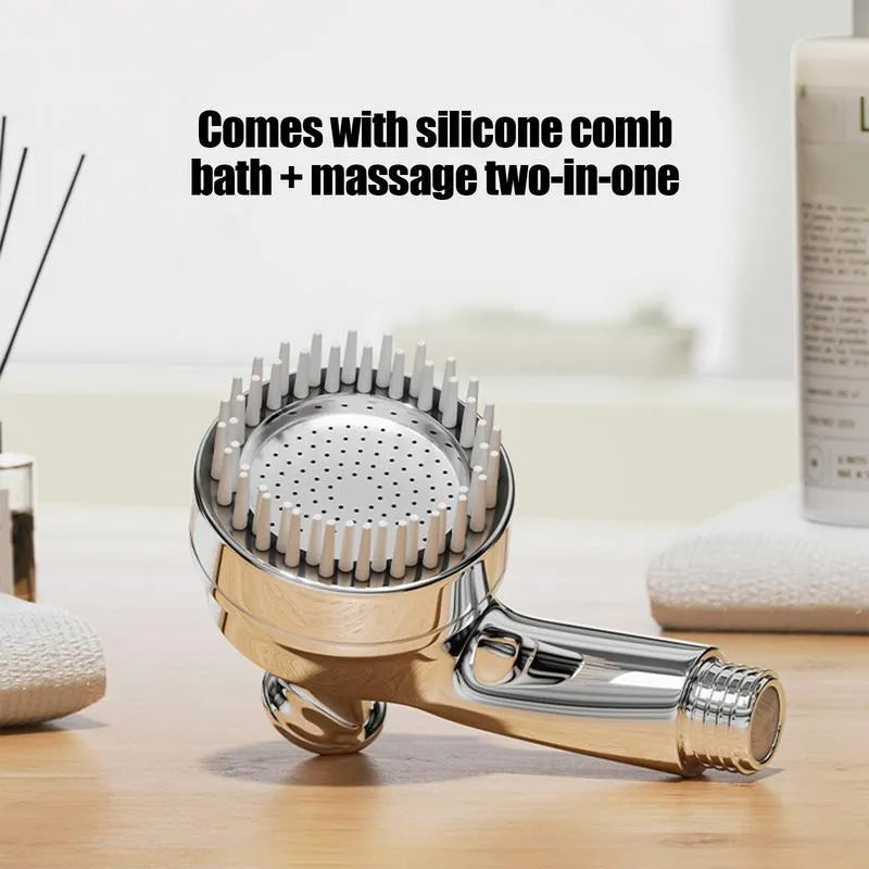 Silver dog shower attachment with silicone comb teeth and ergonomic grip for bath time