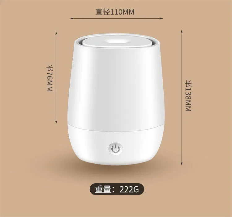 White USB aromatherapy humidifier with simulation flame effect, 138mm x 110mm x 76mm size