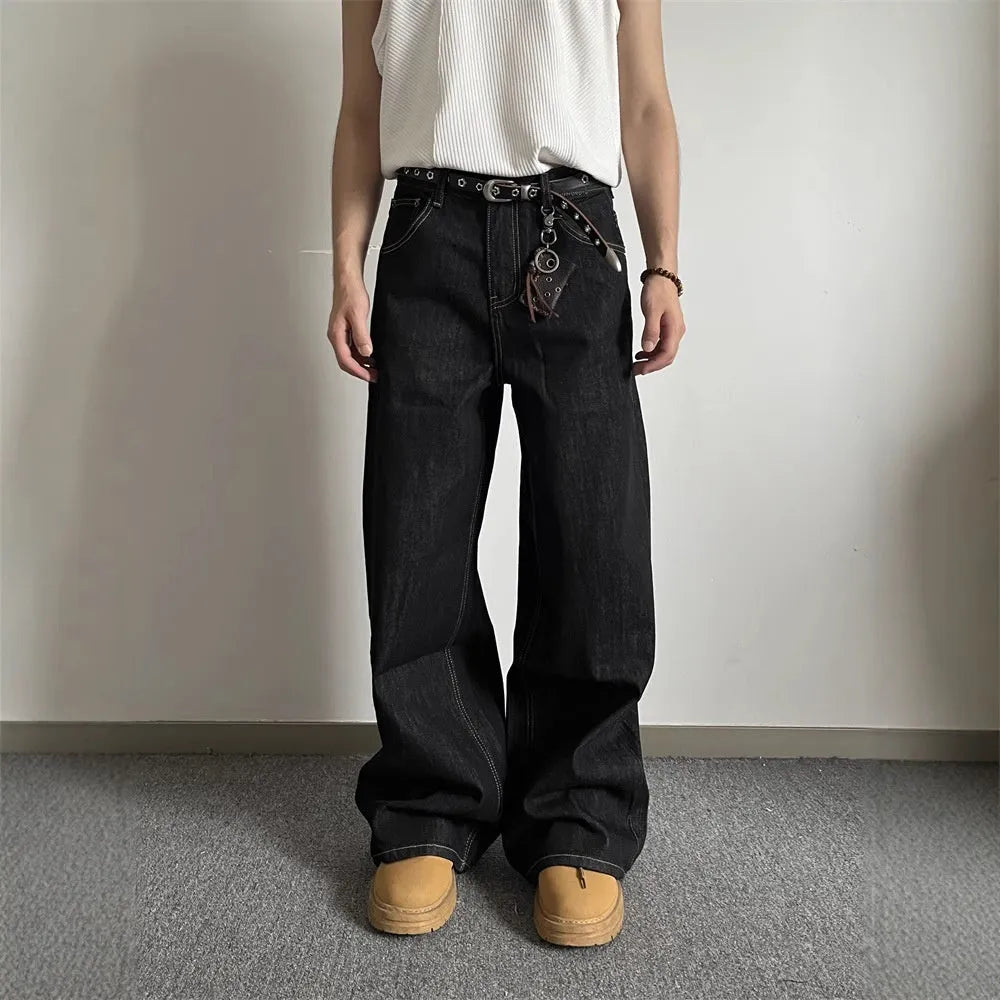Black retro wide-leg jeans with straight-leg cut and mid waist, featuring zip placket closure