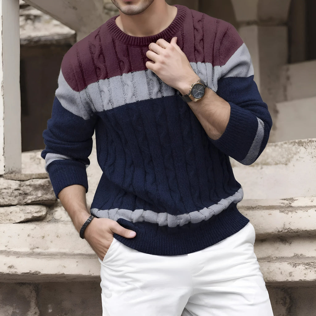 Men's colour-block crew neck pullover sweater in blue red, grey white, or blue white multicolour, loose fit, sizes S-XXL