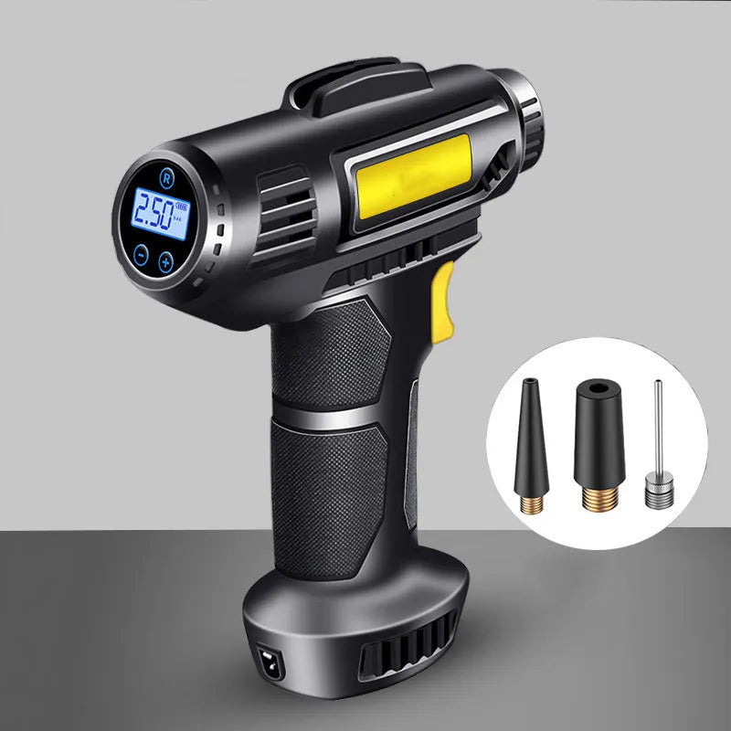 Black wireless digital display electric tyre inflator with USB cable and three air nozzles on a white background.