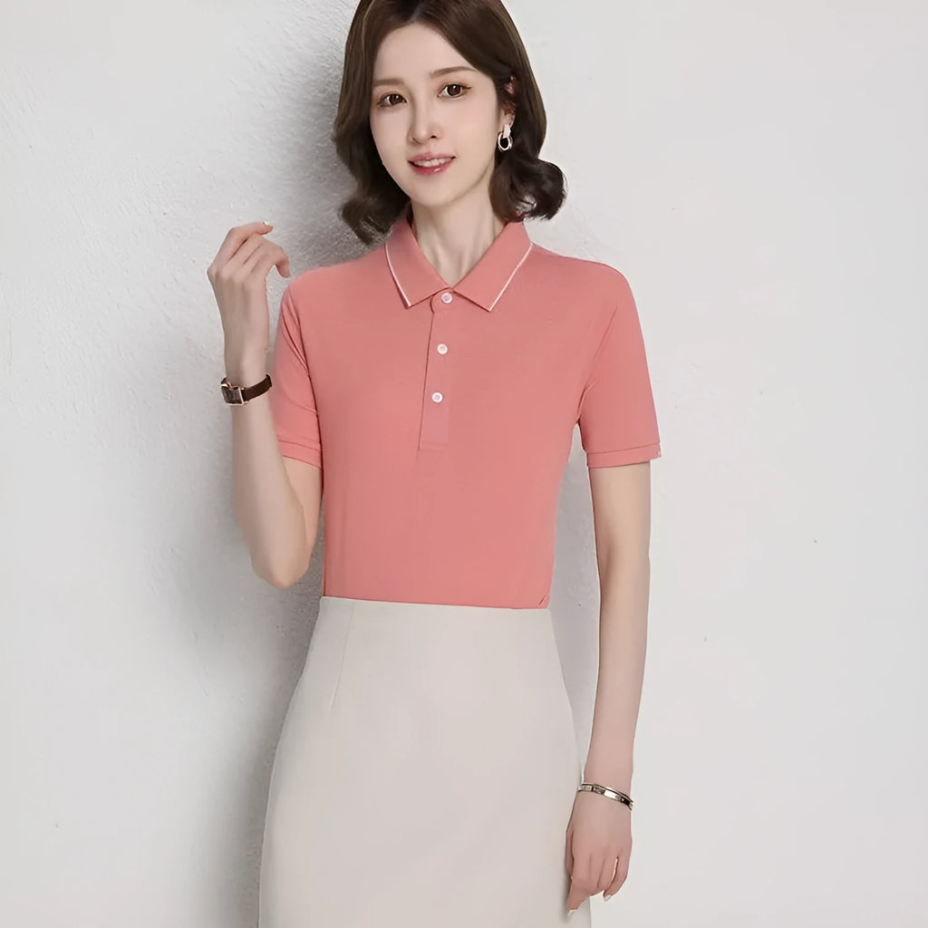 Men's apricot cotton blend loose polo shirt with a short sleeve and contrasting colour on the collar and lapel.