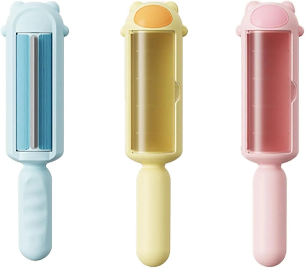 Blue pet hair remover with self-cleaning base rolling on a sofa to collect dog fur