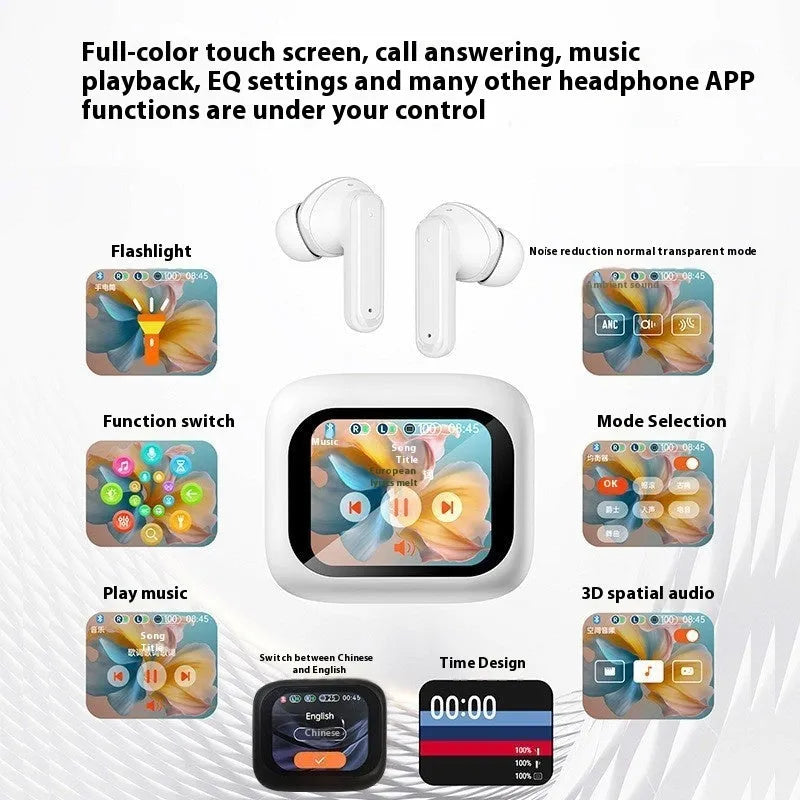 Wireless Bluetooth in-ear headset with noise reduction, touch control and colour screen, black and white plastic design