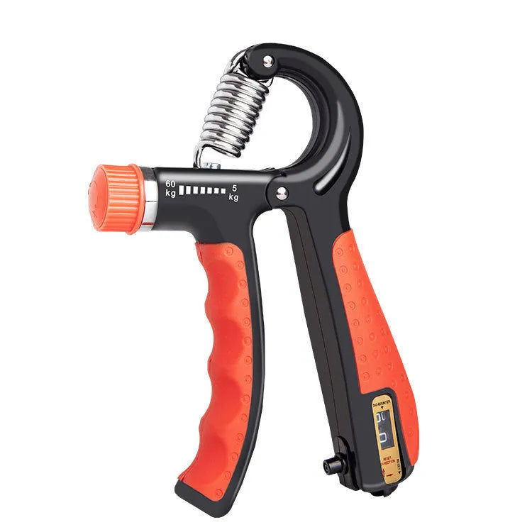Black adjustable hand gripper with digital counter showing resistance dial and TPR handles