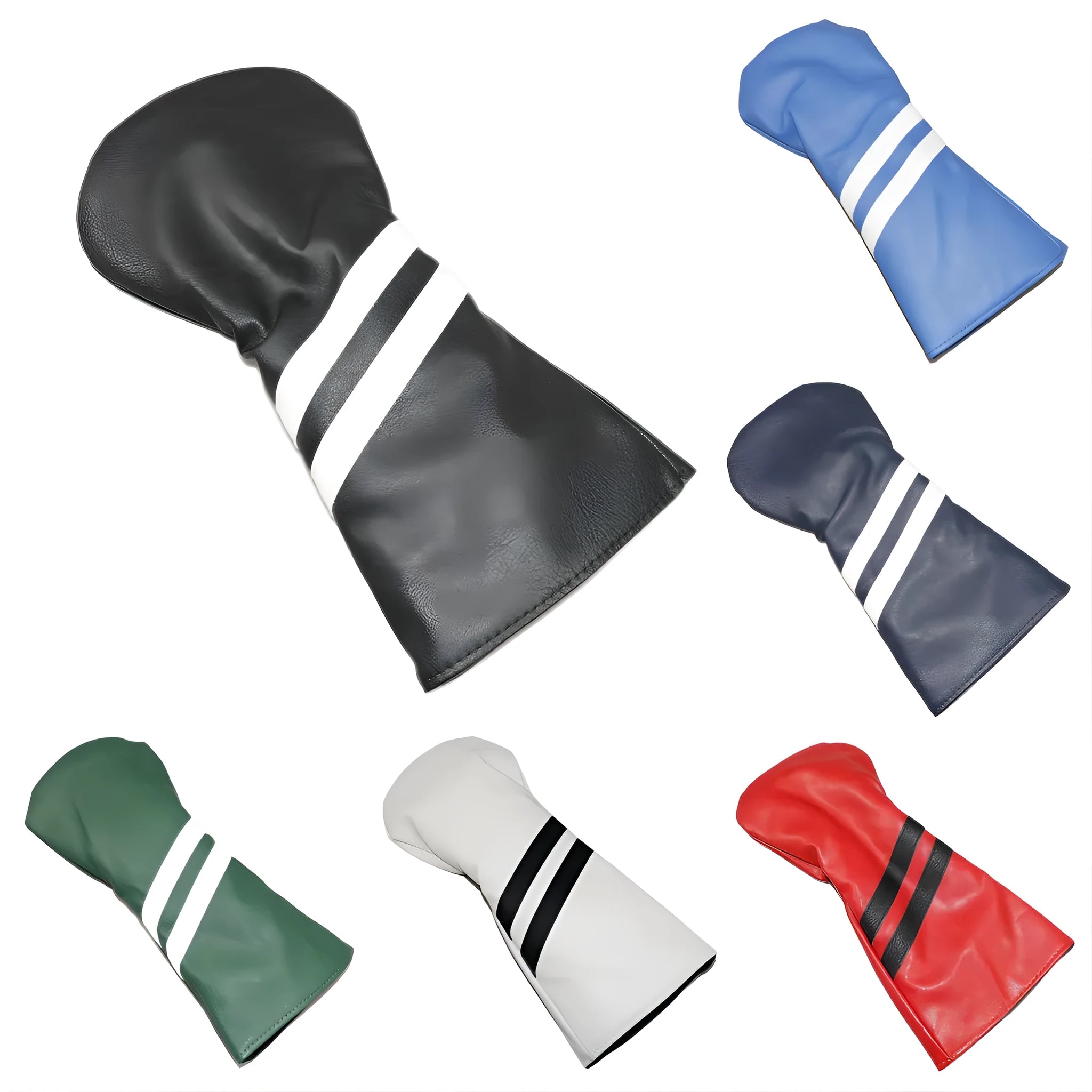 PU golf club head cover with two diagonal stripes in black, shown beside a golf club