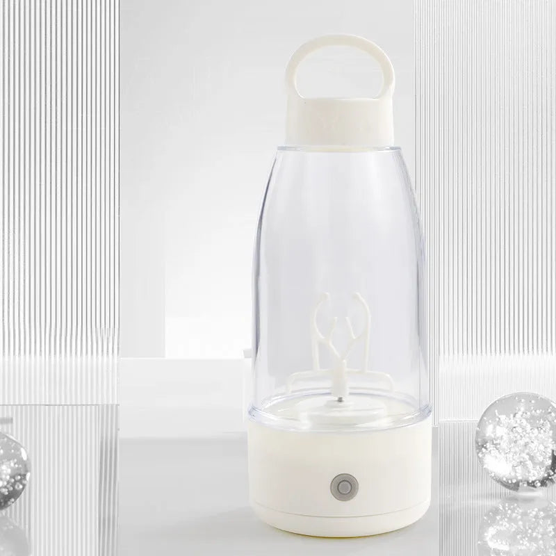 Automatic electric shaker bottle in green, pink, or white with USB port and handle for blending smoothies