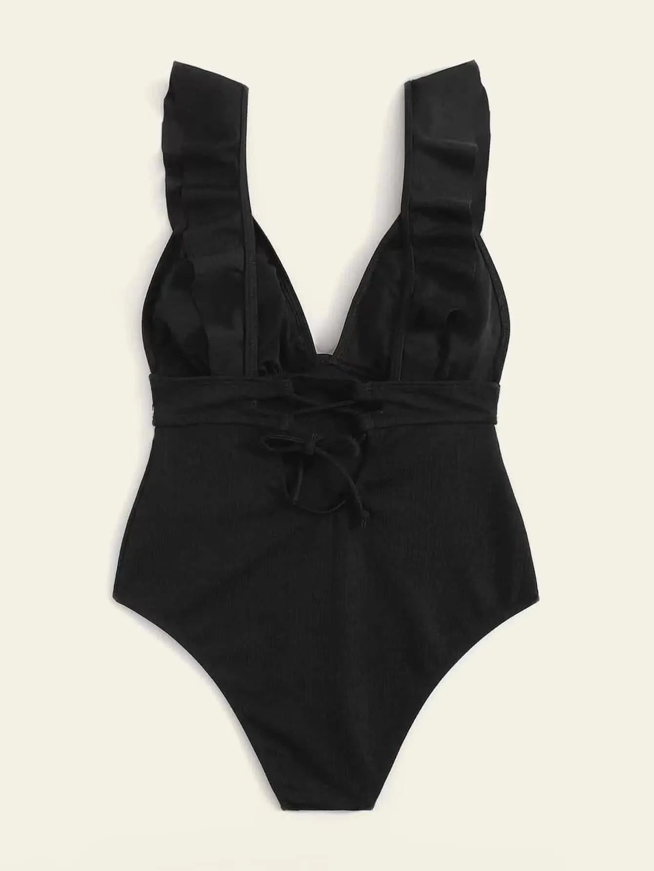 Women's black one-piece swimsuit with ruffled shoulder straps and an adjustable lace-up back closure.