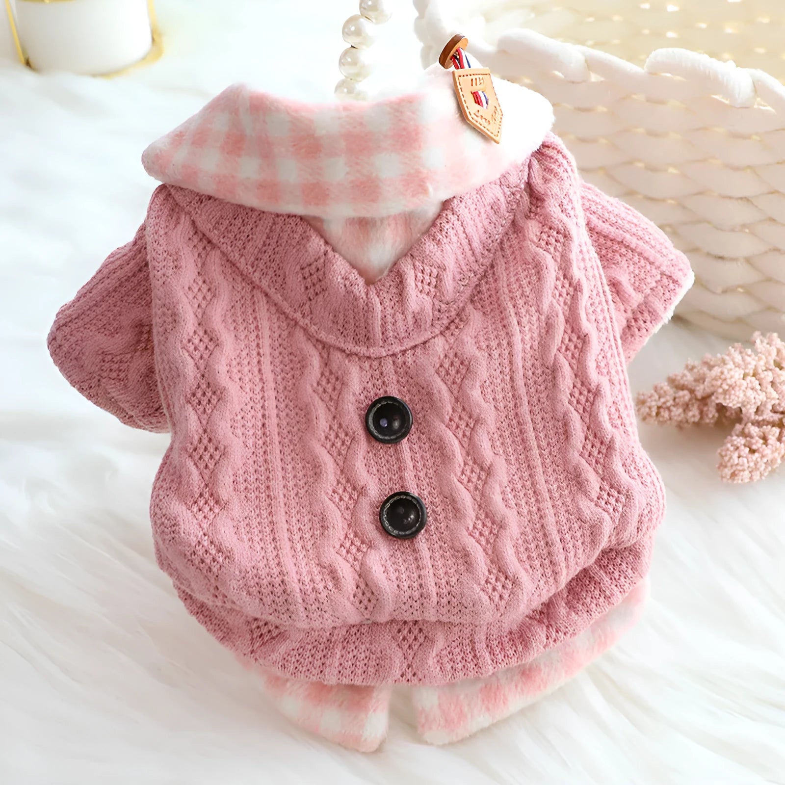 Blue or pink wool plaid pattern dog sweater with fleece lining and fake two-piece design