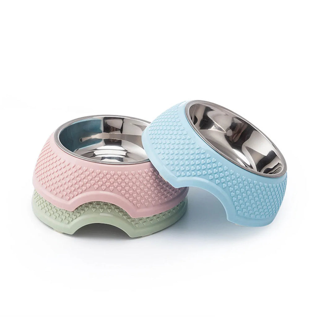 Stainless steel pet bowl with non-slip base in blue, green, or pink, 19cm diameter