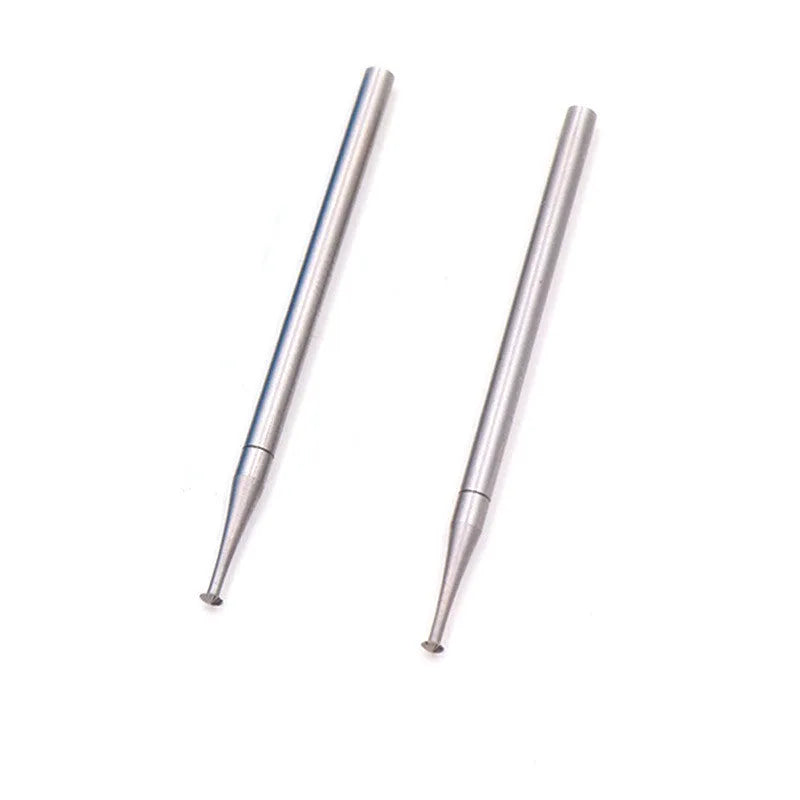 Six tungsten steel carving cutters with thin disc needle heads in sizes from 1.0mm to 2.0mm, each with a 2.35mm mandrel.