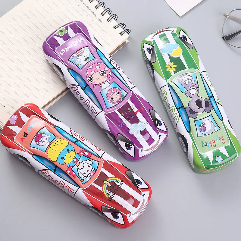 Tinplate car trolley double-layer stationery box with cartoon pattern measuring 20cm
