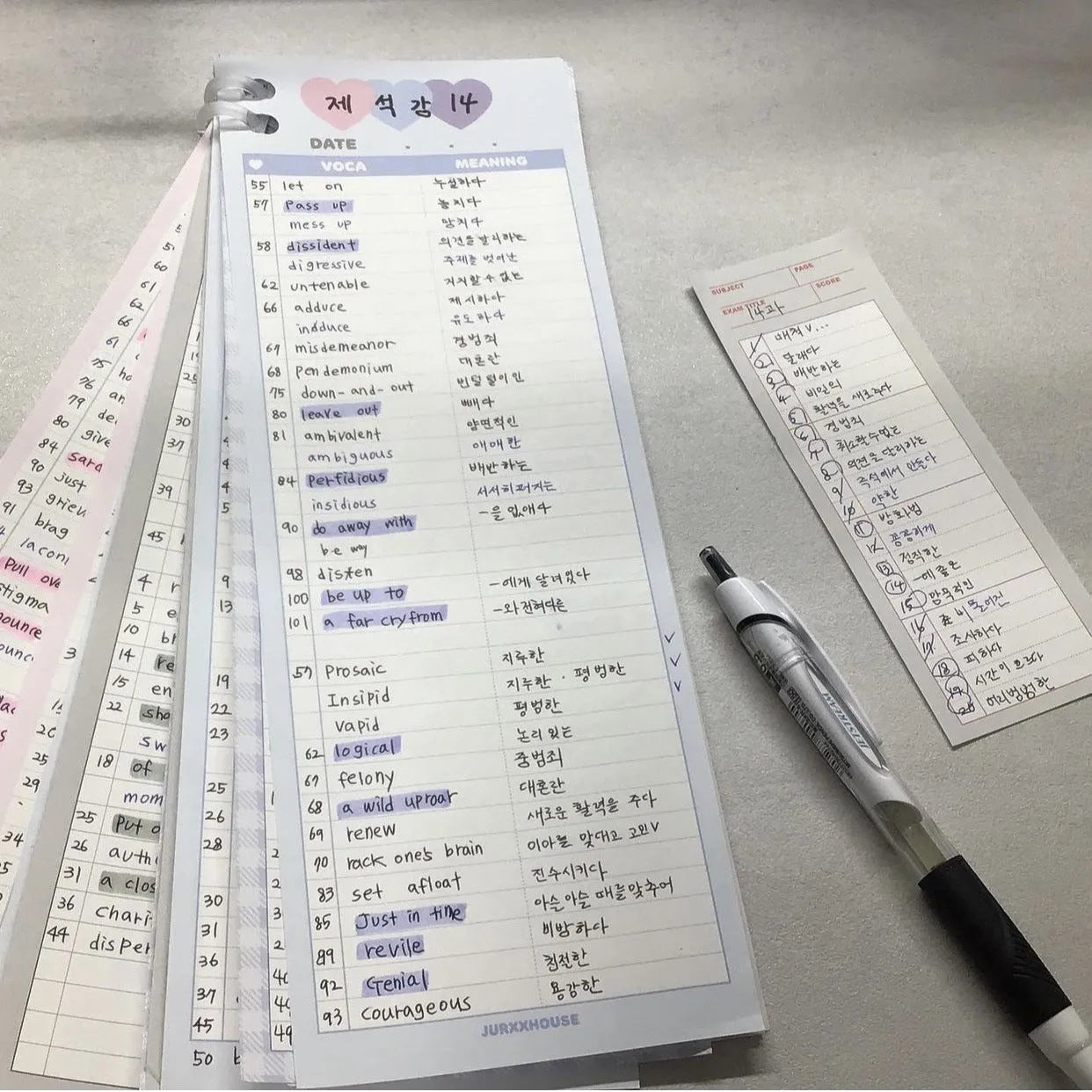B5 half notepad with double-sided printing in blue cover, showing 9.1 x 25.7cm size and 30 sheets