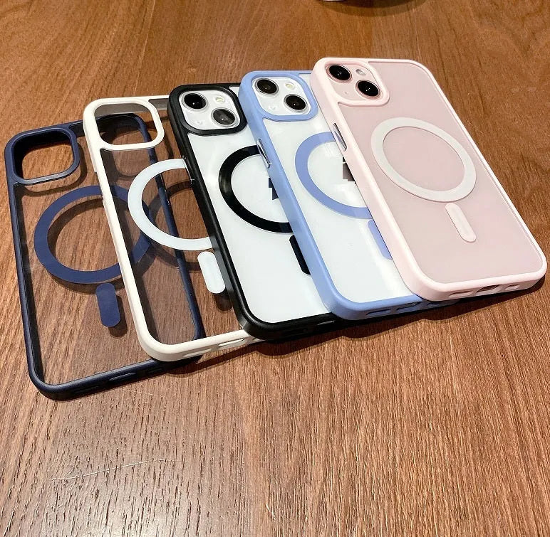 Transparent acrylic MagSafe phone case for iPhone with visible magnetic ring and TPU frame