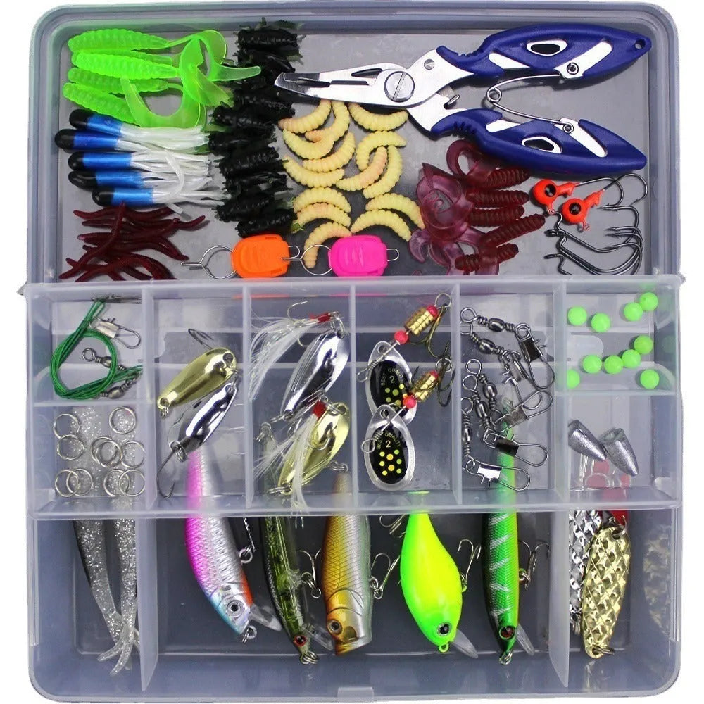 Junior fishing lure suit set with multiple baits inside a clear plastic PP storage box.