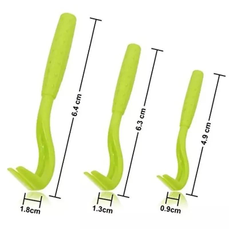 Three plastic tick removal hooks in blue and green colours for pet grooming, shown with size scale.