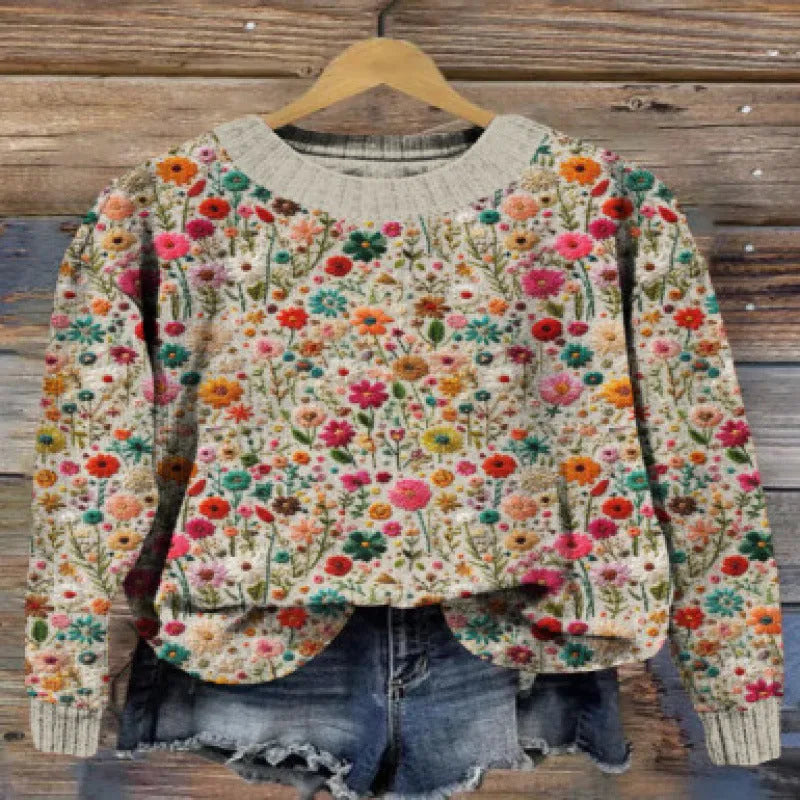 Little Flower digital printed round neck sweater in floral pattern, available in multiple colours and sizes up to 4XL