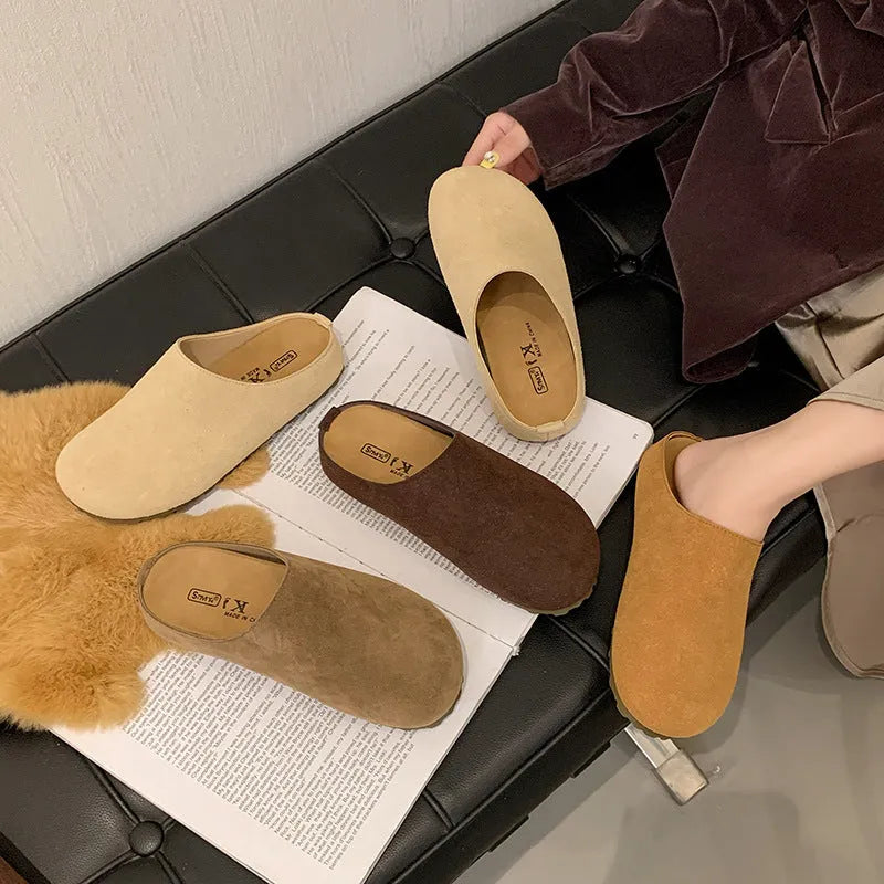 Korean style apricot coloured flat slippers with a square toe and slip-on design