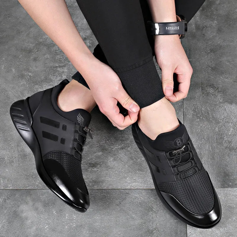 Men's black height increasing shoes with genuine leather or mesh upper, round toe, and chunky heel in sizes 37-48