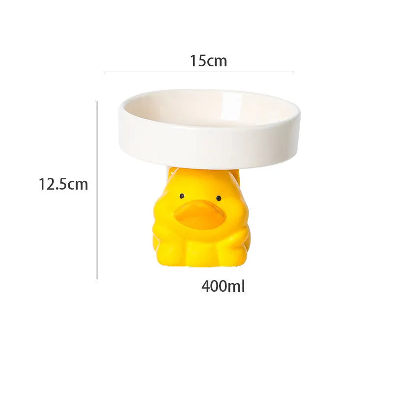 Raised ceramic cat bowl with animal design, showing 4.92-inch elevation and 5.9-inch wide opening for whisker-friendly feeding