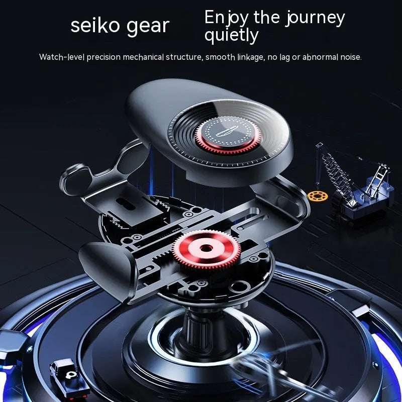 Matte black universal car phone bracket with mechanical support frame mounted on car dashboard