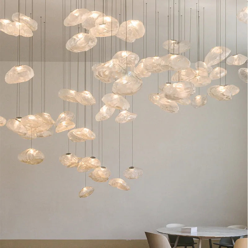 Postmodern light luxury glass decorative chandelier in amber finish with fabric body and push-button switch