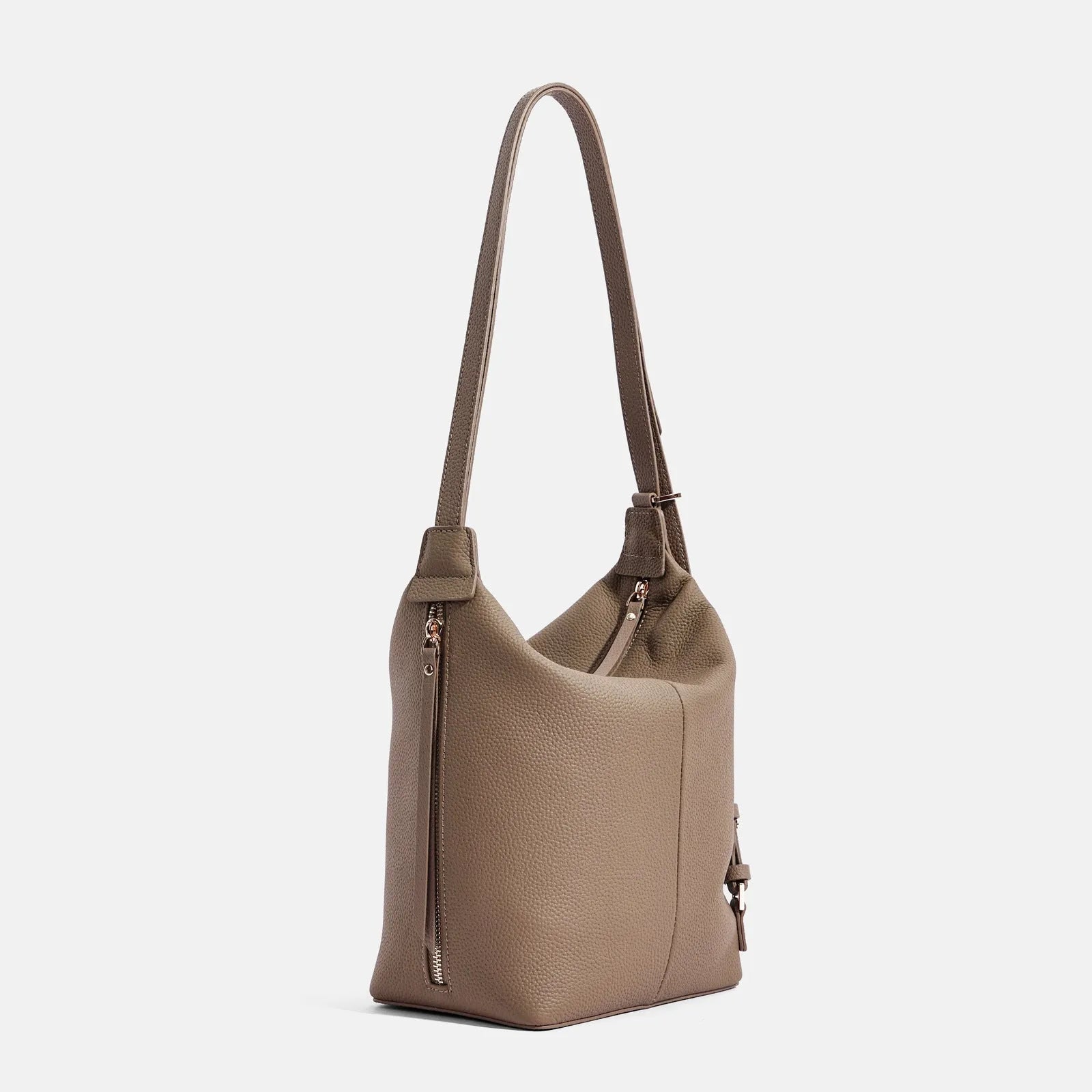 Women's genuine cowhide leather bucket shoulder bag in elephant grey colour showing soft texture and large capacity design