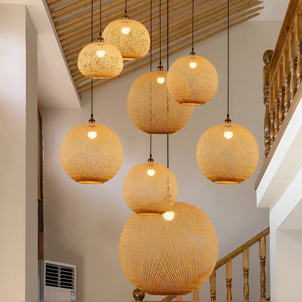 Rustic pastoral style hall chandelier with a single fabric shade, shown in a bedroom setting.