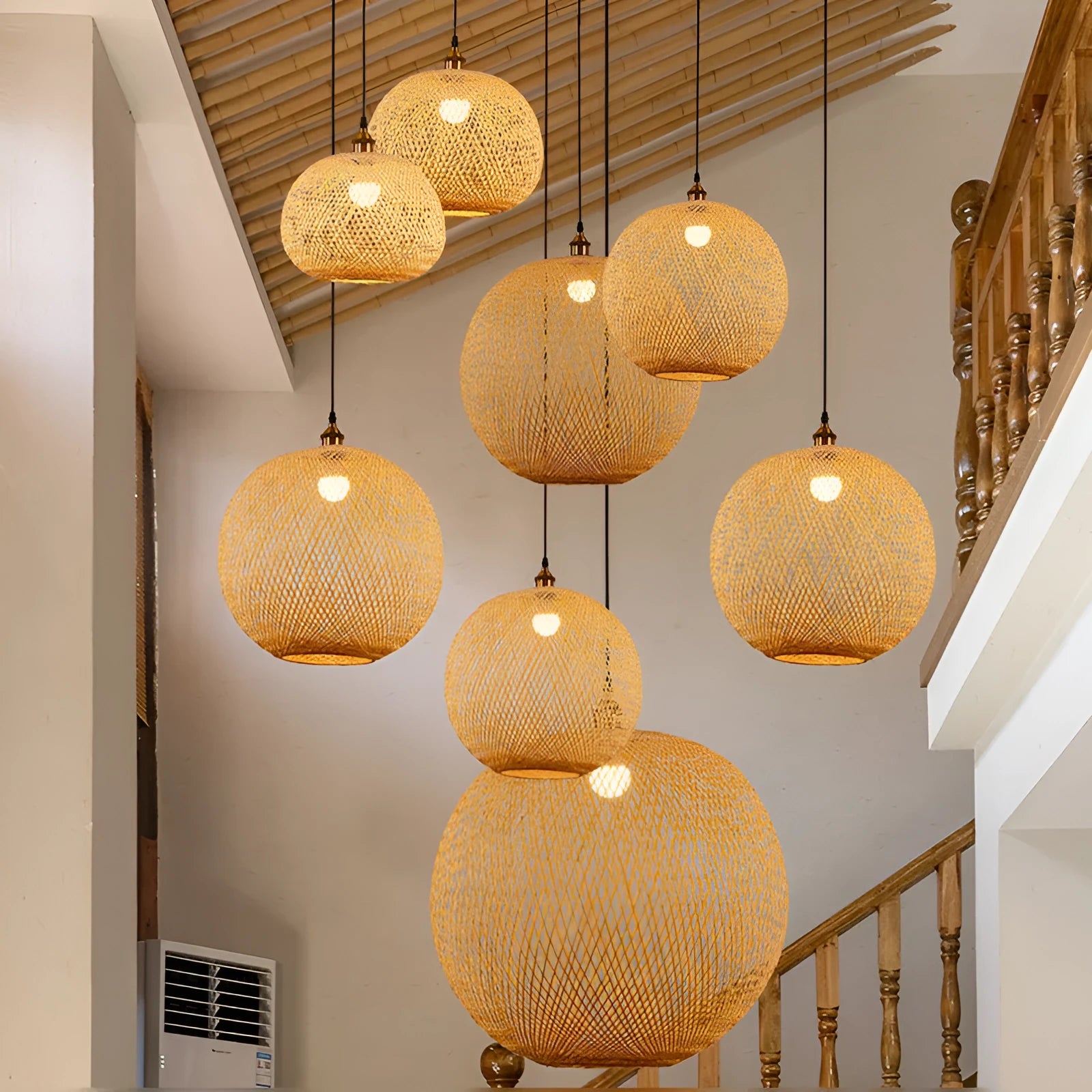 Rustic pastoral style hall chandelier with a single fabric shade, shown in a bedroom setting.