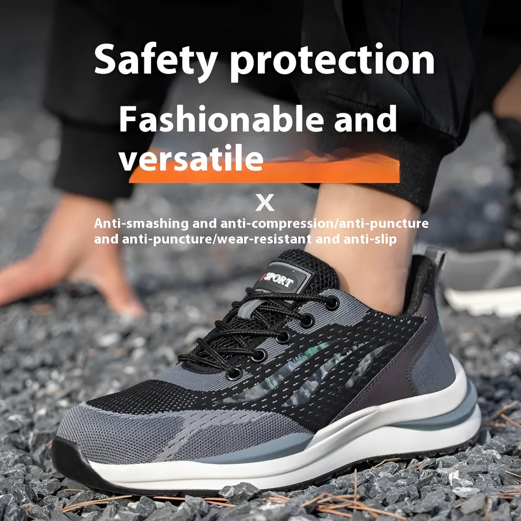 Men's black grey electrician safety shoes with plastic toe cap and lace closure