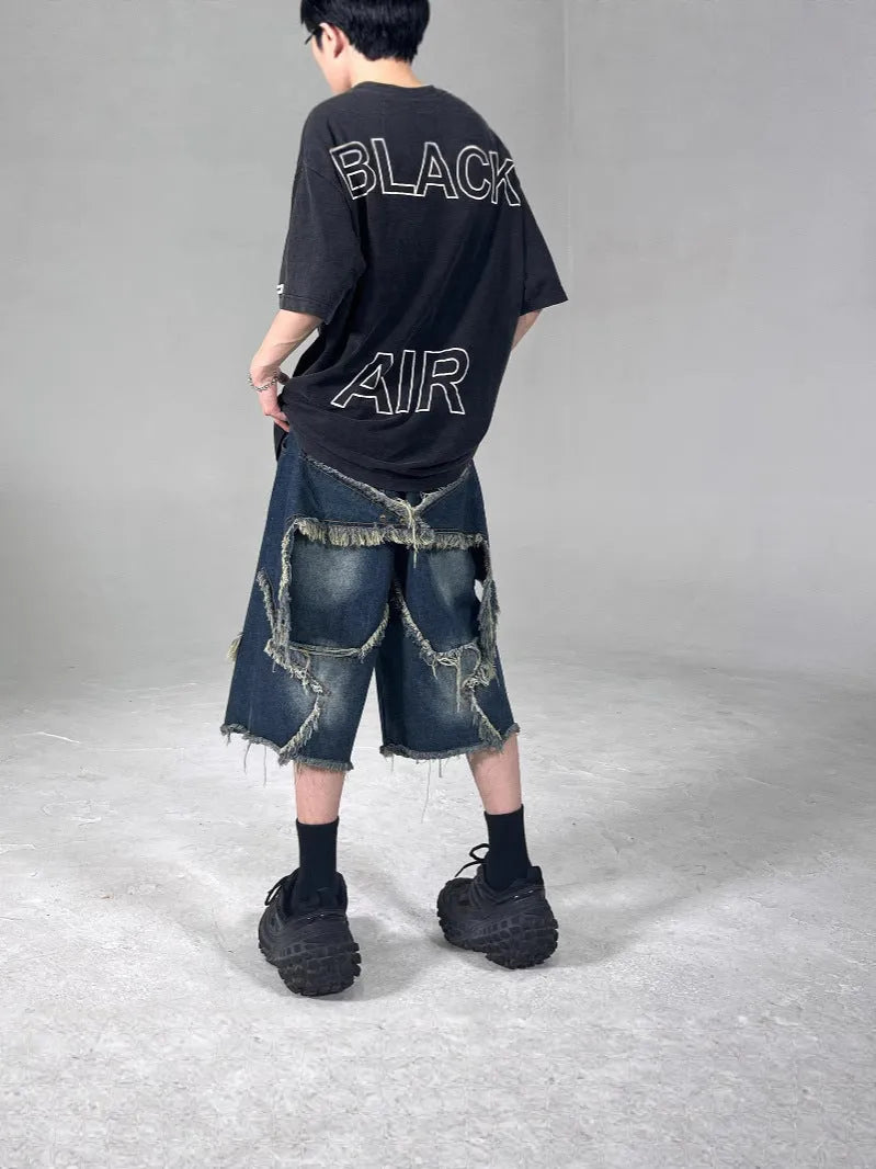 Blue denim shorts with frayed five-pointed star design, loose fit with micro-elastic fabric for summer wear