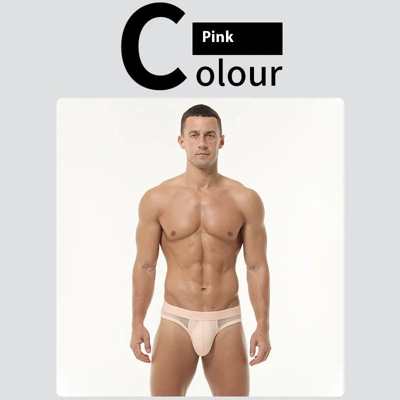 Men's black mesh briefs with low waist design showing elastic fabric texture