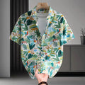 Men's short sleeve cotton cardigan shirt with printed Hawaiian floral pattern in various colour options