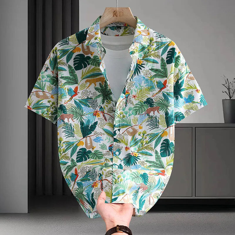 Men's short sleeve cotton cardigan shirt with printed Hawaiian floral pattern in various colour options