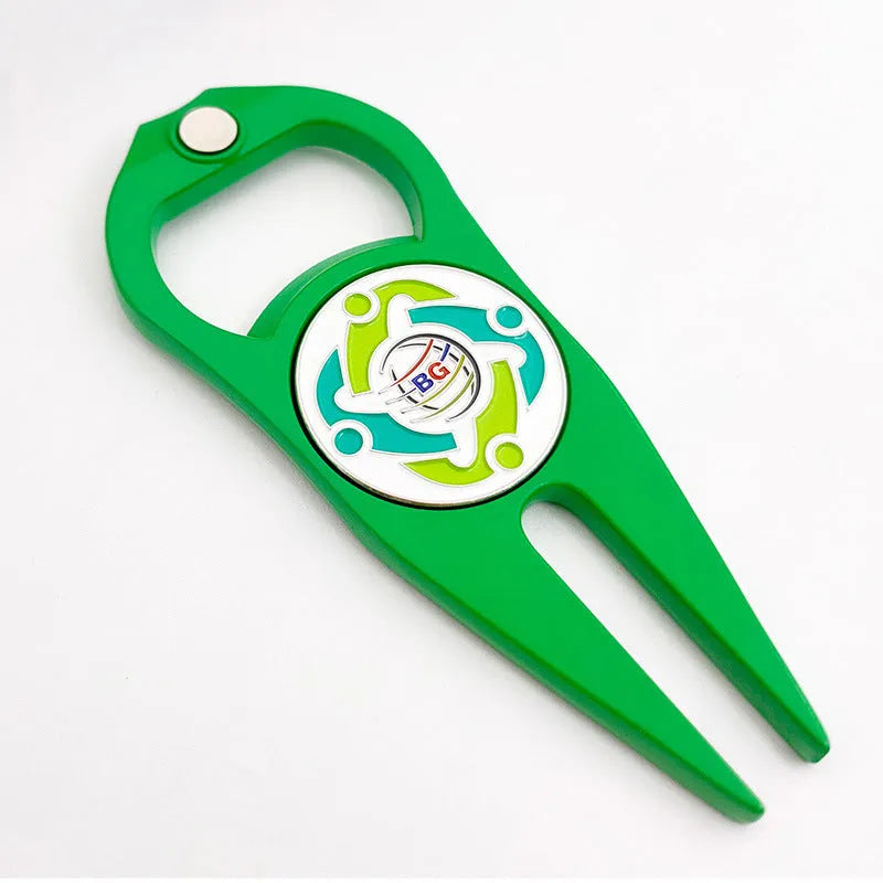 Golf putting green fork with metal ball yoke and bottle opener in black, green, or silver finishes