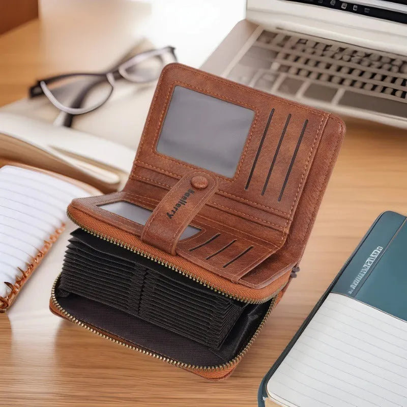 Women's black PU leather zipper coin purse with card slots, shown open to display interior