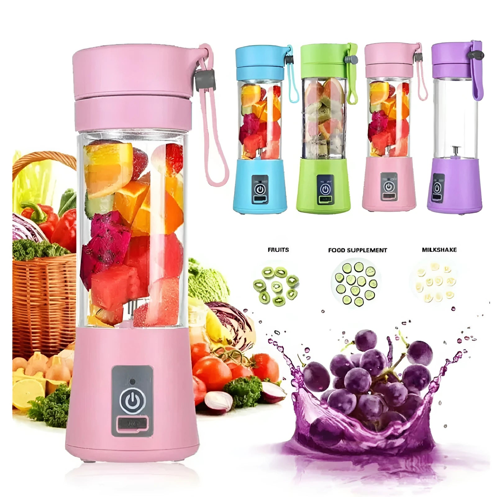 Pink portable USB blender with a transparent 380ml cup on a table, alongside a USB charging cable.