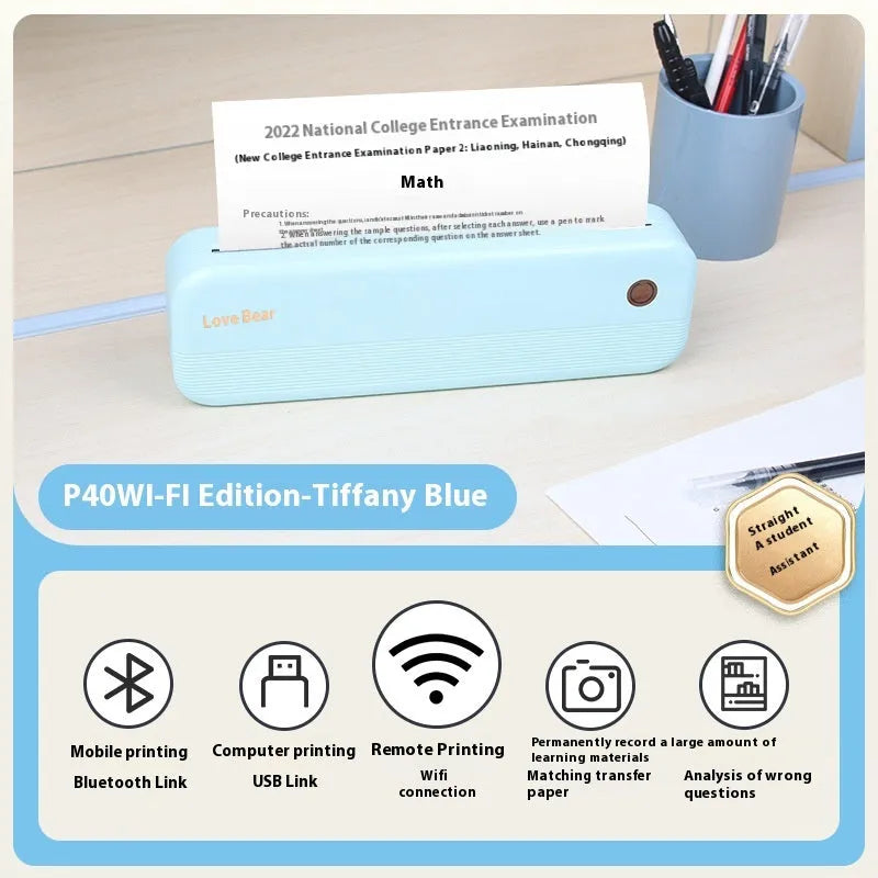 A4 portable thermal printer in Tiffany Blue colour with compact dimensions for text printing