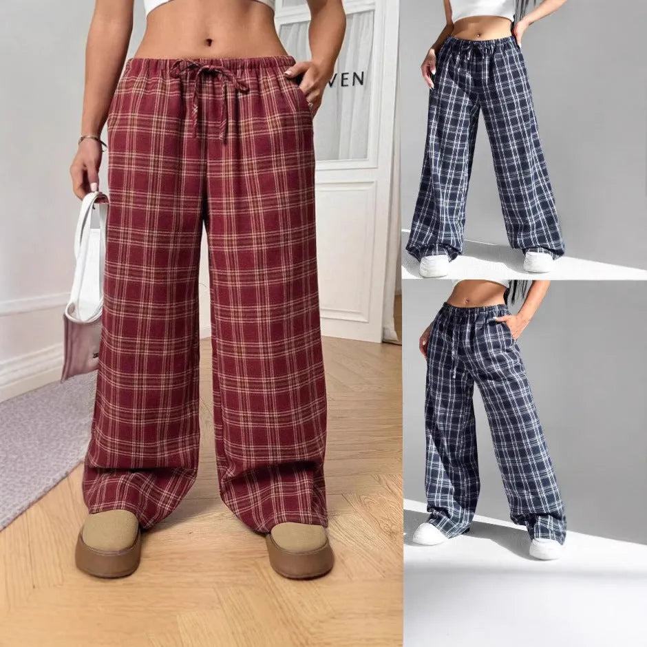 Women's plaid trousers with drawstring waist and pockets in blue and red colours