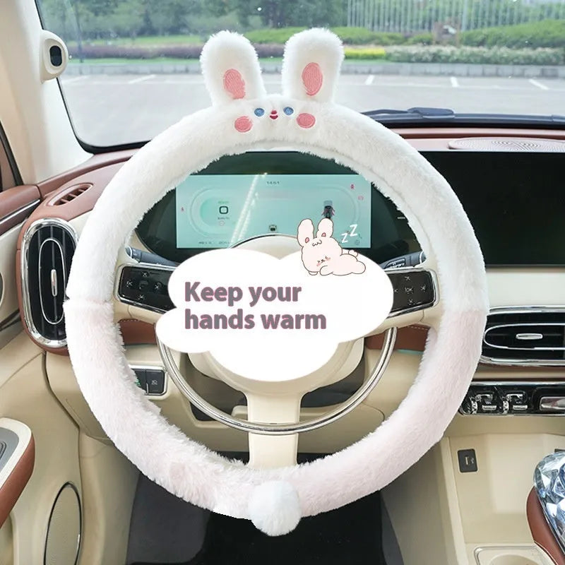 Plush thermal steering wheel cover with embroidered animal design for winter driving comfort
