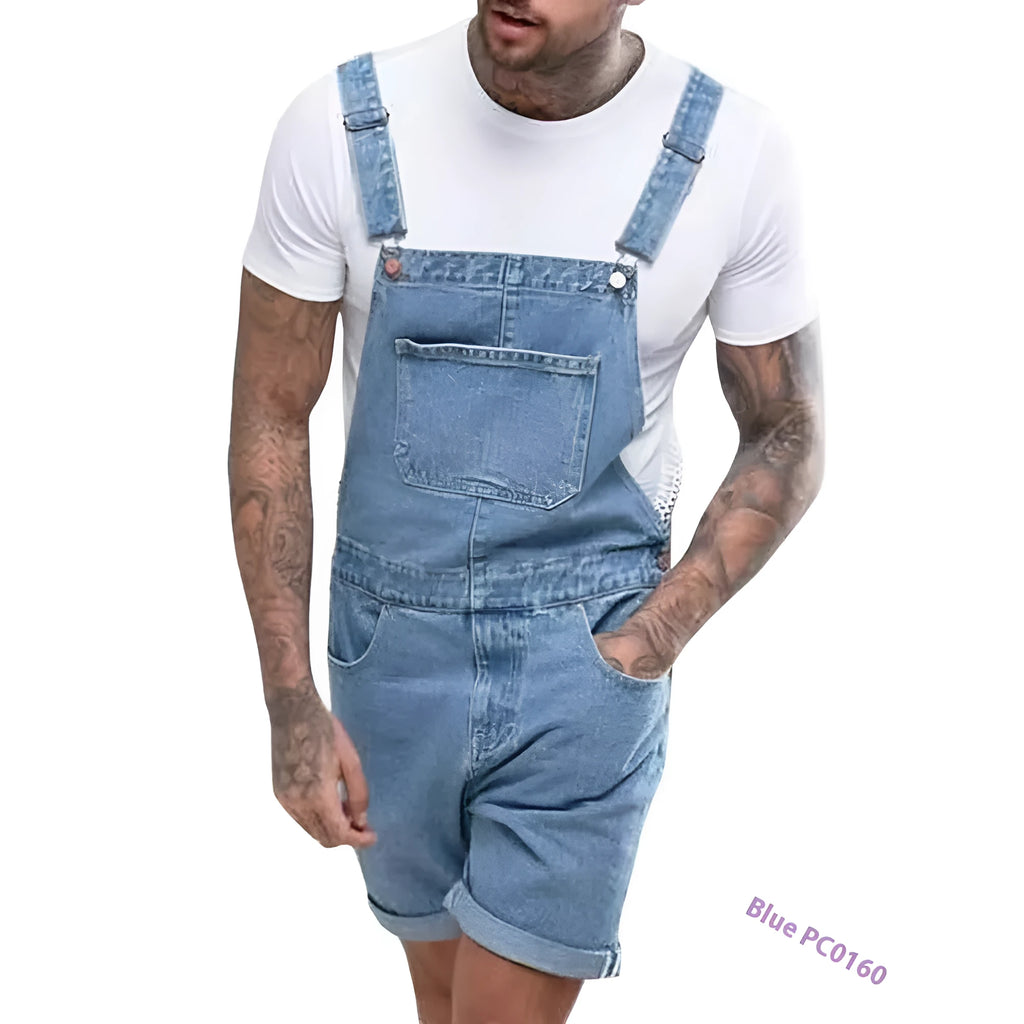 Youth denim suspender pants in black with elastic waist and suspender straps, shorts length with zipper fly