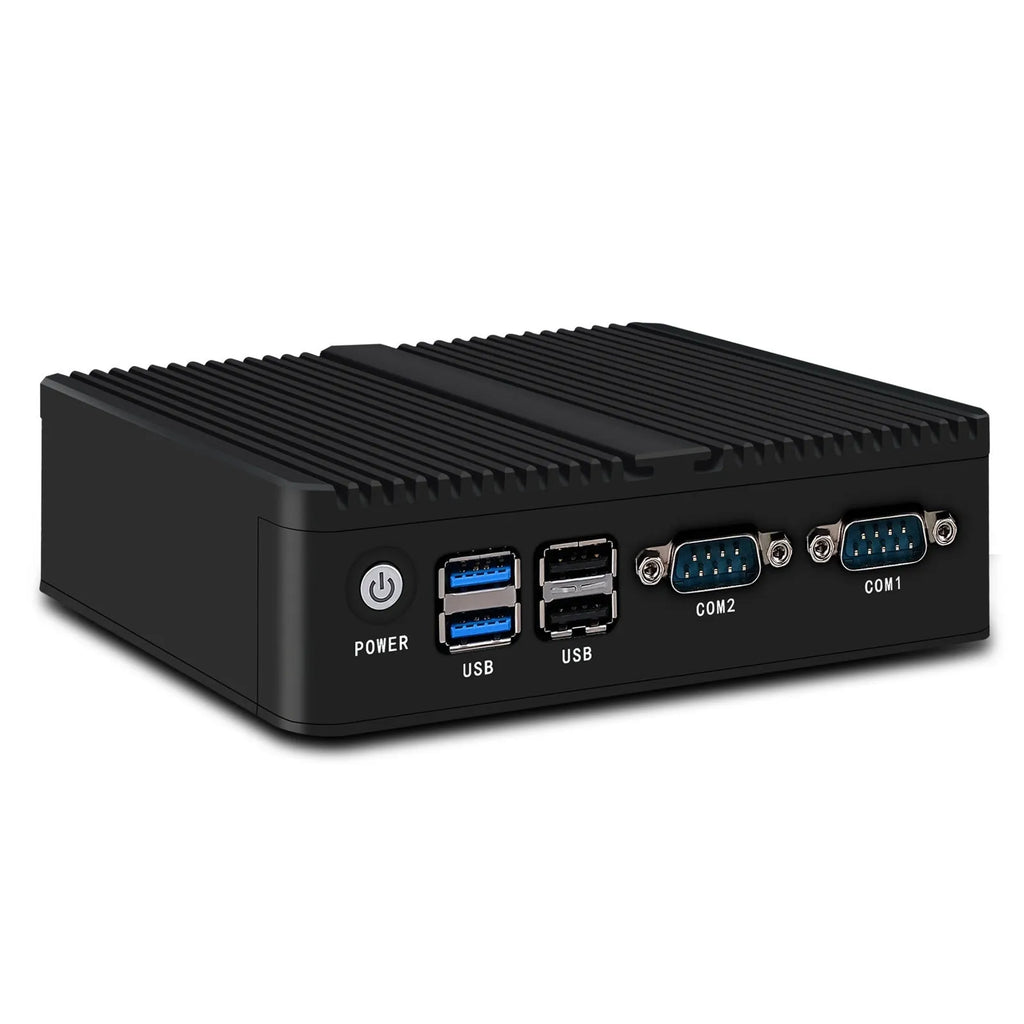 Industrial fanless mini-host measuring 13.6x12.7x4cm with dual-network ports and compact metal chassis
